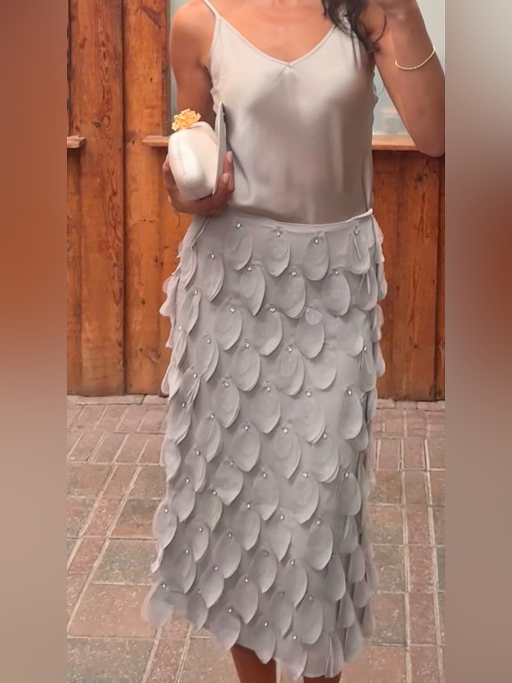 Zara Rhinestone Grey Appliqué Midi Skirt and Mulberry Silk Top
